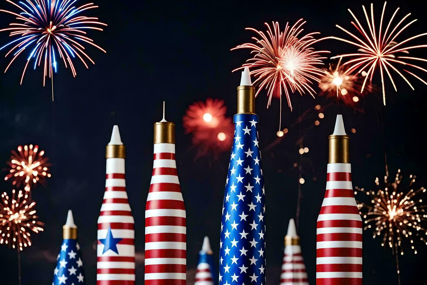 une groupe de patriotique fusées avec feux d'artifice dans le Contexte. généré par ai photo