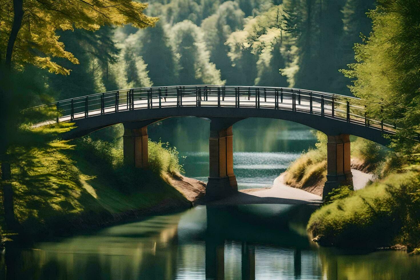 une pont couvrant plus de une rivière dans le milieu de une forêt. généré par ai photo