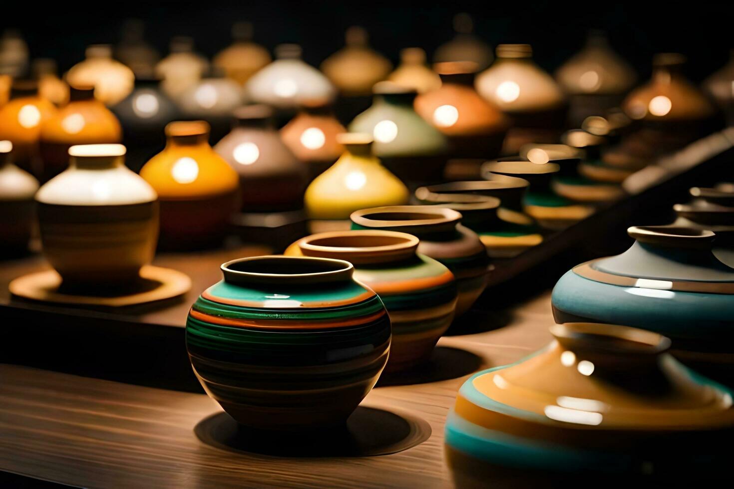 une rangée de coloré des vases sur une tableau. généré par ai photo