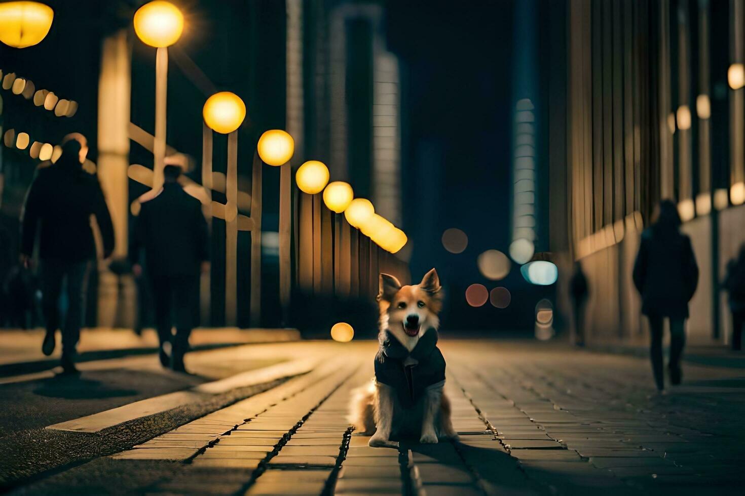 une chien séance sur le trottoir à nuit. généré par ai photo