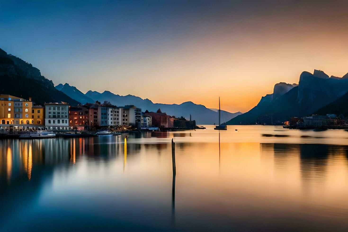 le Soleil ensembles plus de le montagnes et bâtiments dans le l'eau. généré par ai photo