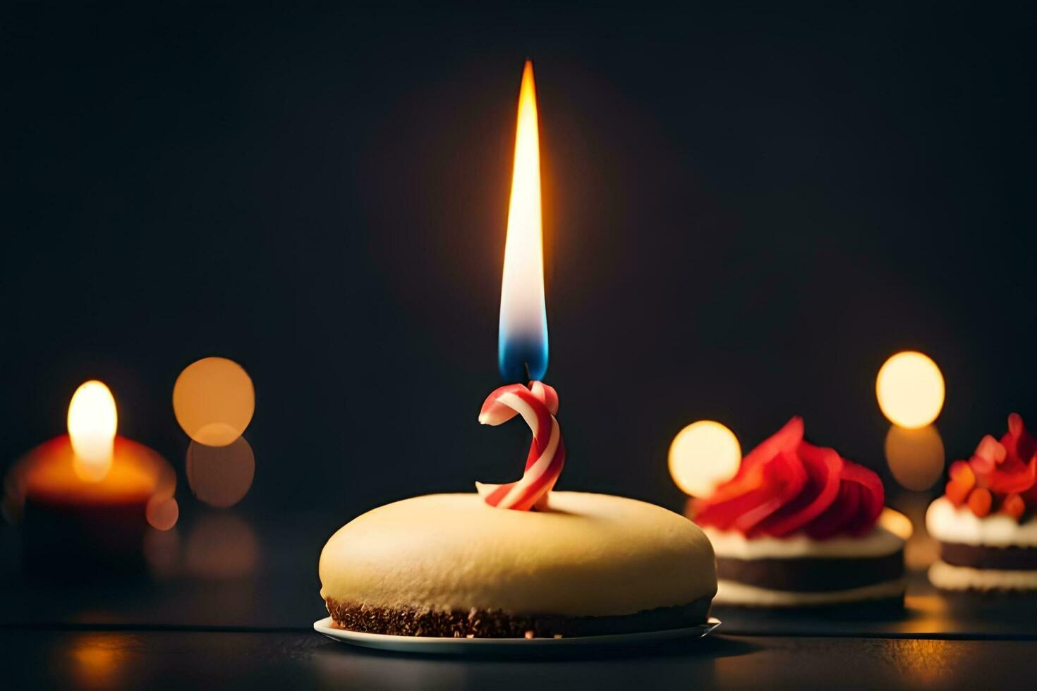 une petit gâteau avec une bougie sur Haut. généré par ai photo