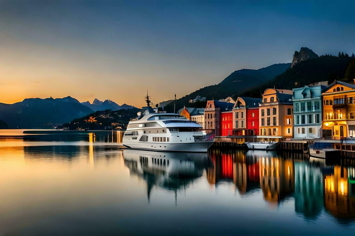 coloré bâtiments et une bateau amarré dans le l'eau. généré par ai photo