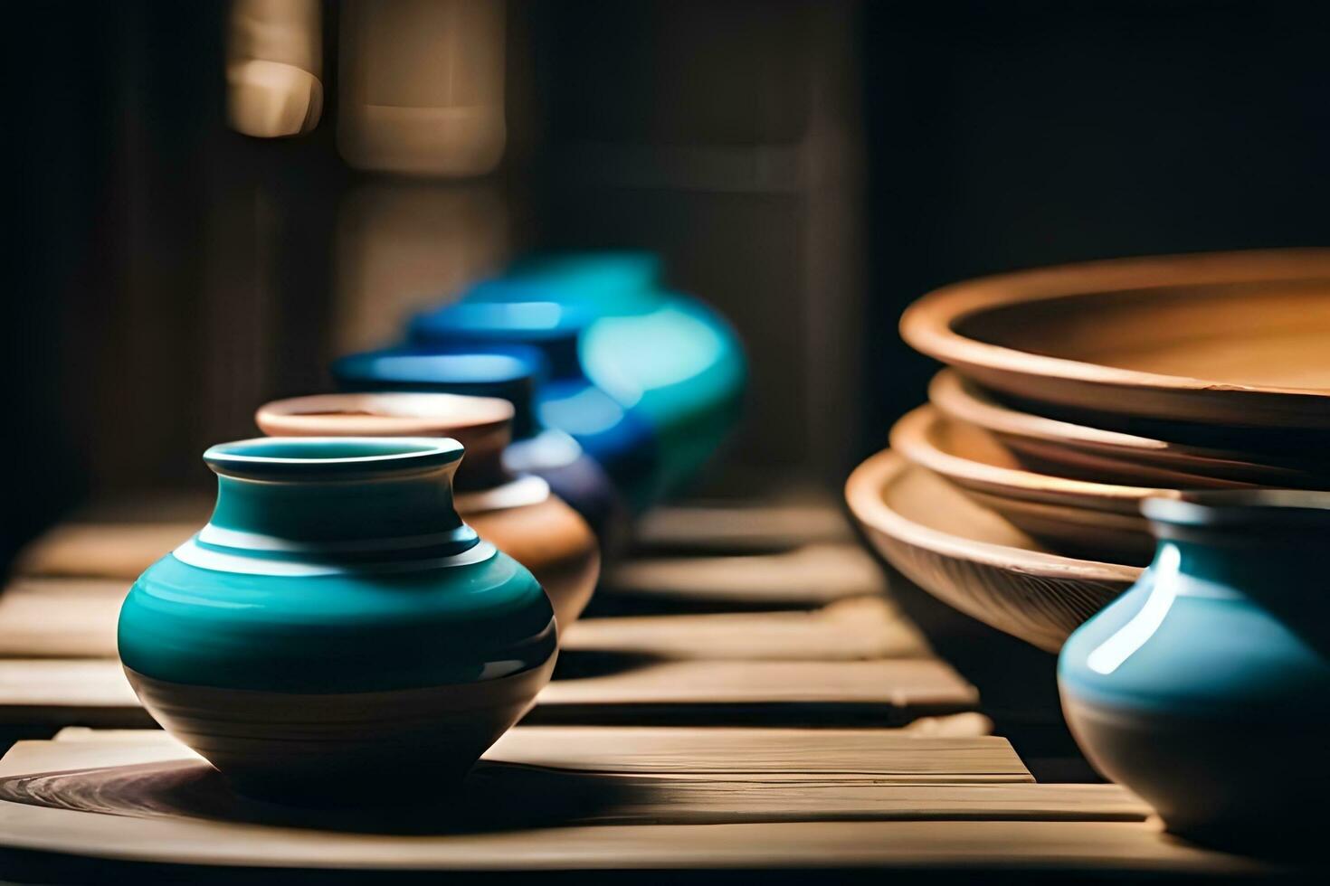 une rangée de coloré des vases sur une en bois étagère. généré par ai photo