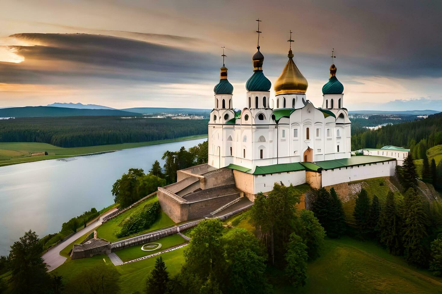 le magnifique cathédrale dans le milieu de une lac. généré par ai photo