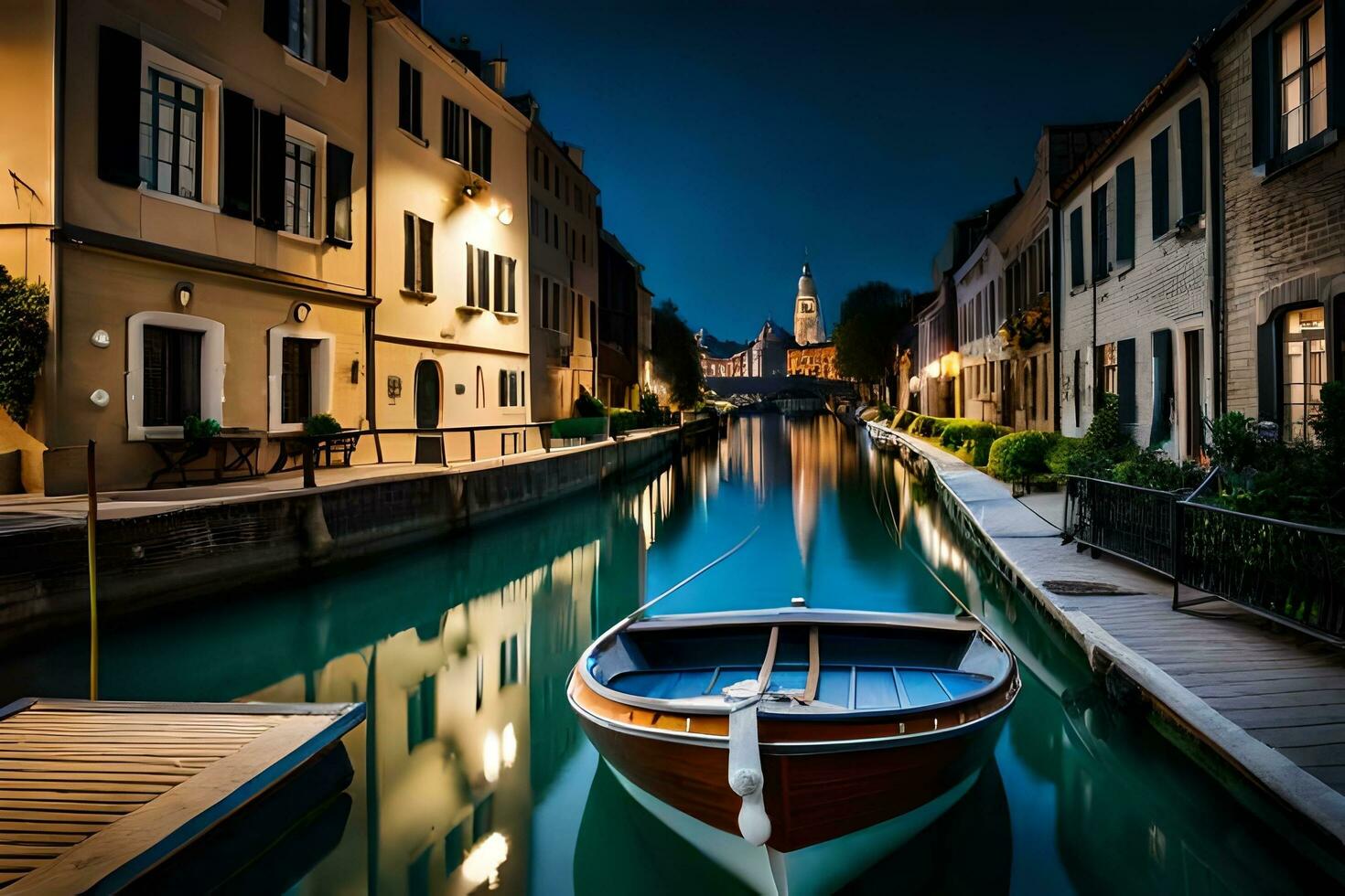 une bateau est amarré dans une canal à nuit. généré par ai photo