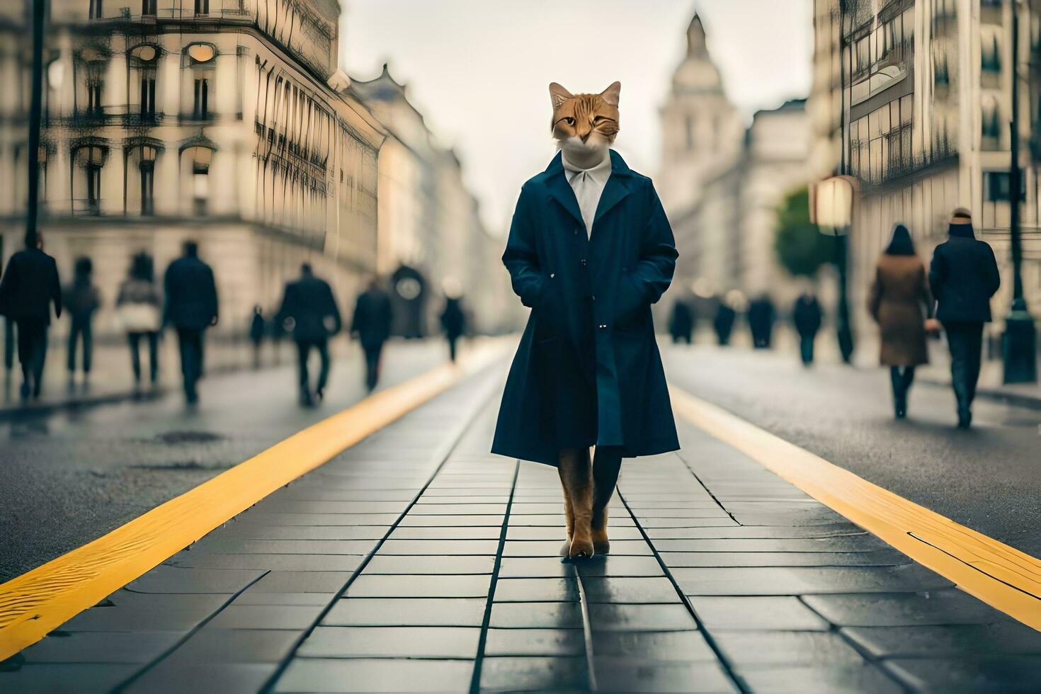 une femme portant une Renard masque des promenades vers le bas une rue. généré par ai photo