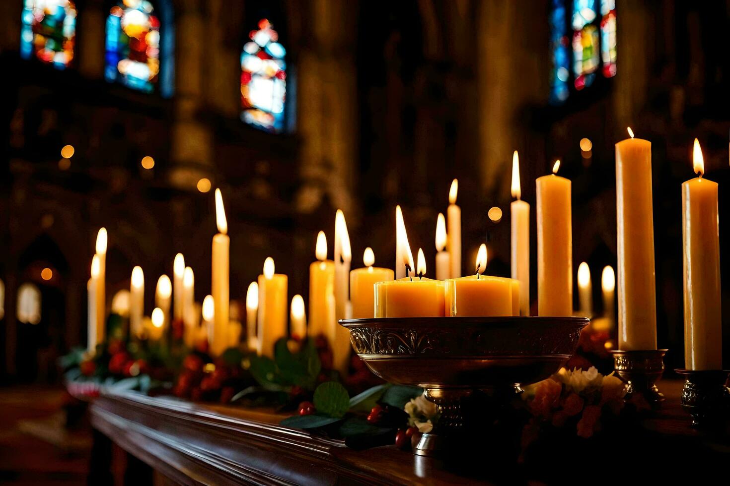 bougies sont allumé dans une église avec bougies. généré par ai photo