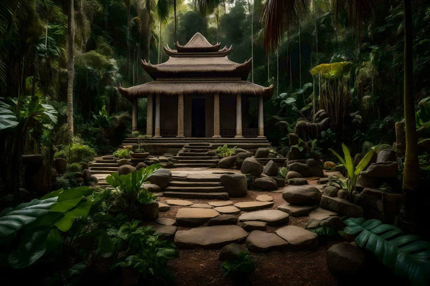 une pagode dans le jungle entouré par des arbres. généré par ai photo