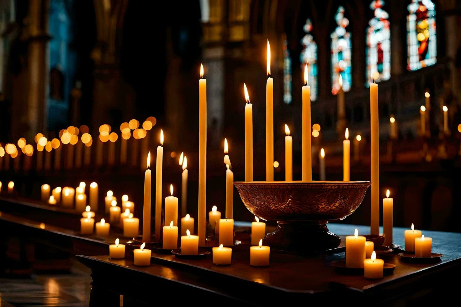 bougies sont allumé dans une église avec bougies. généré par ai photo