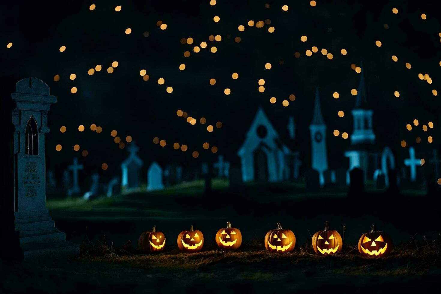 Halloween citrouilles dans une cimetière à nuit. généré par ai photo