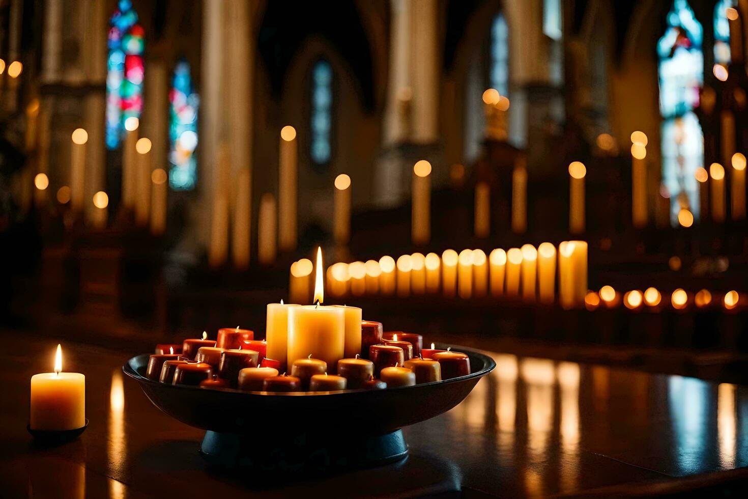 bougies sont allumé dans une église avec bougies dans le Contexte. généré par ai photo