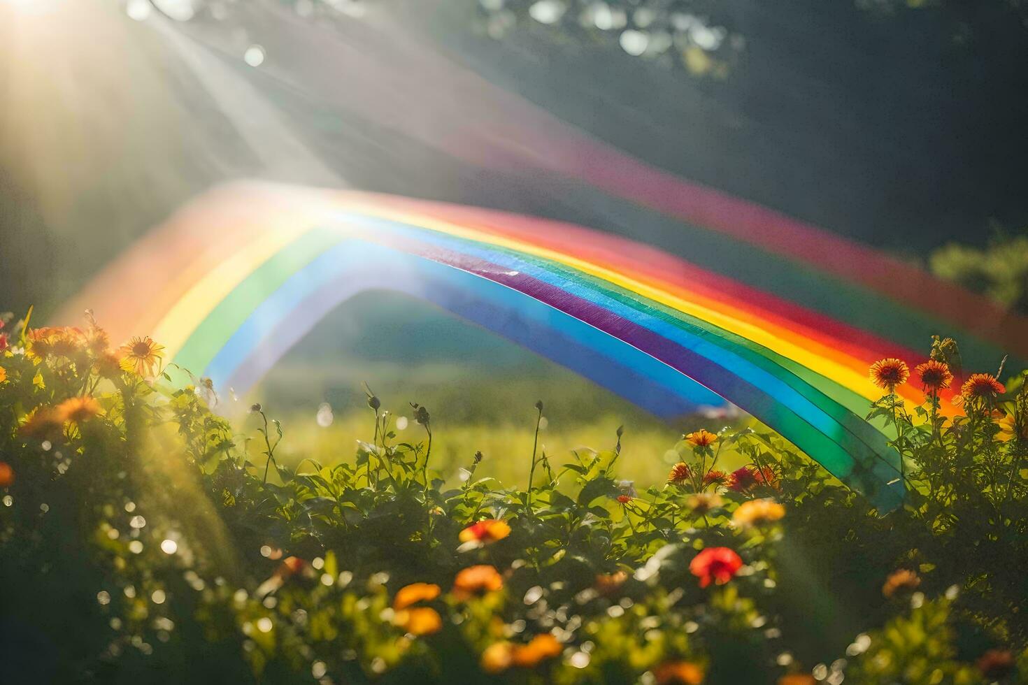 une arc en ciel est vu dans le Soleil brillant par une champ de fleurs. généré par ai photo