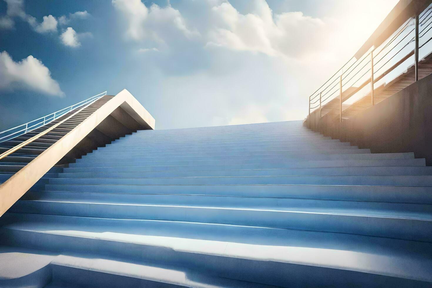 une ensemble de escaliers de premier plan en haut à une bleu ciel. généré par ai photo