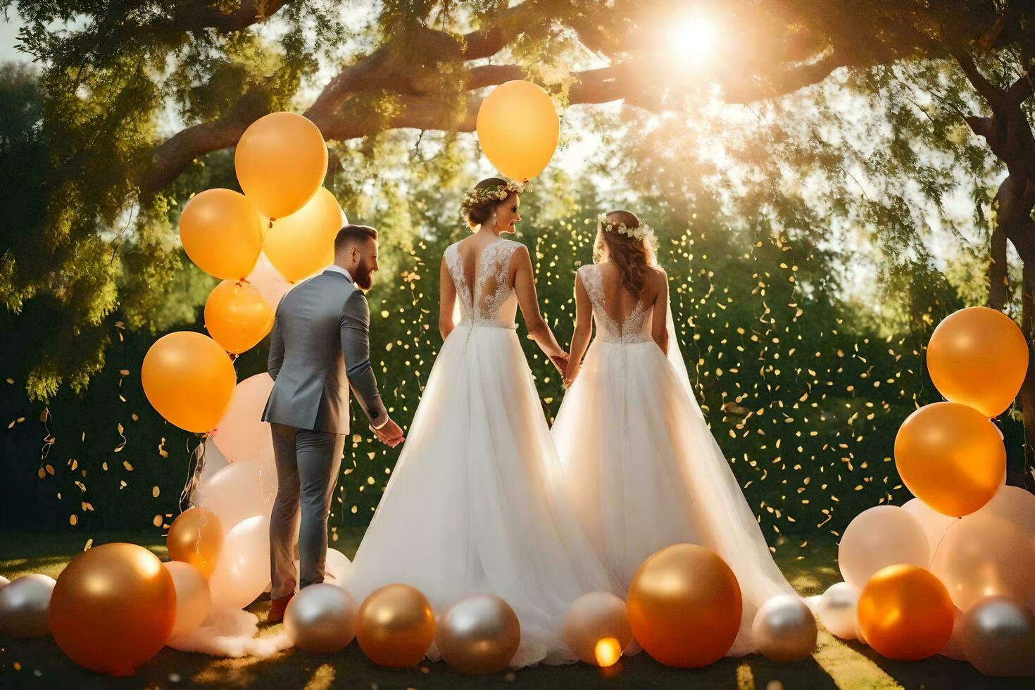 une la mariée et jeune marié supporter en dessous de une arbre avec Jaune des ballons. généré par ai photo