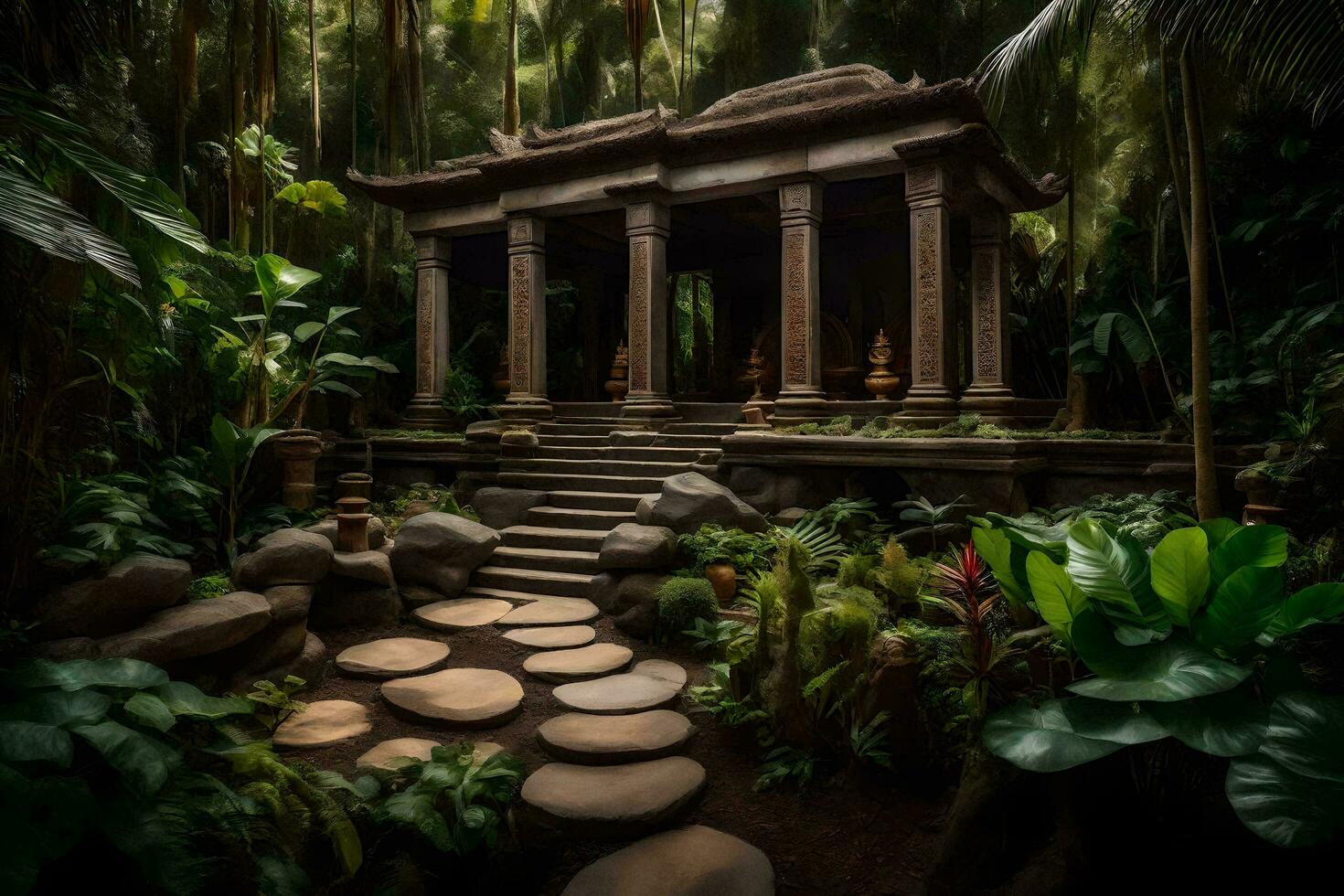 une pierre chemin pistes à une temple dans le jungle. généré par ai photo