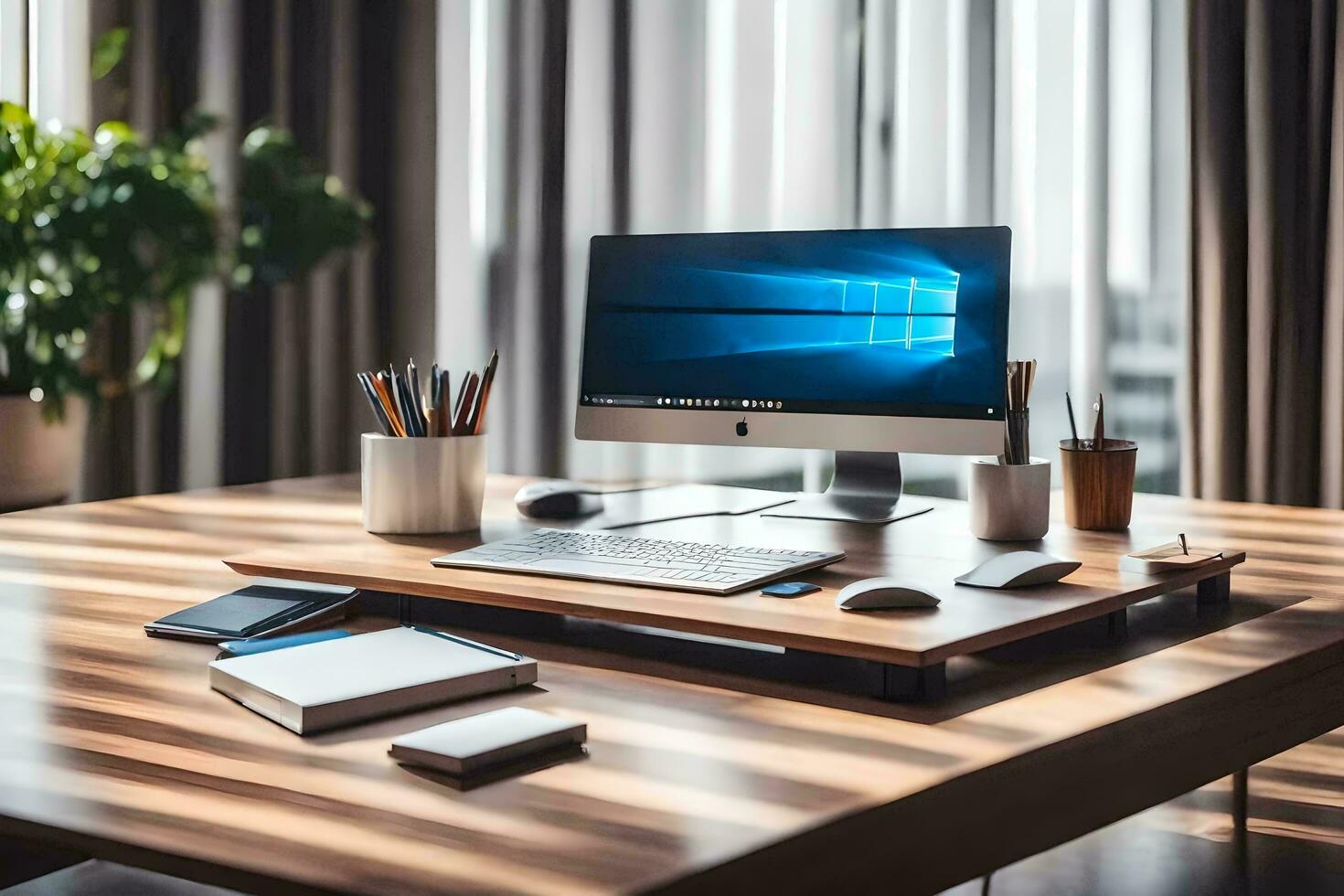 une ordinateur sur une bureau avec une fenêtre sur il. généré par ai photo