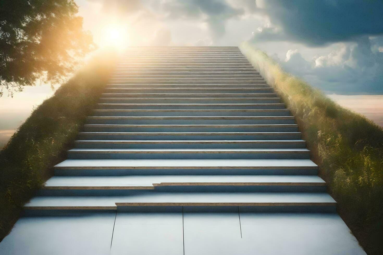 une escalier de premier plan à le ciel avec des nuages dans le Contexte. généré par ai photo