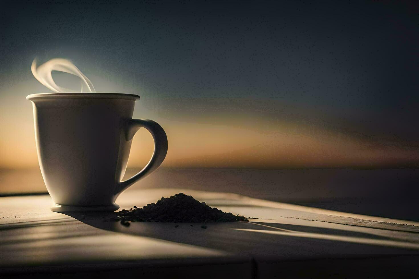 une tasse de café sur une table avec une le coucher du soleil dans le Contexte. généré par ai photo