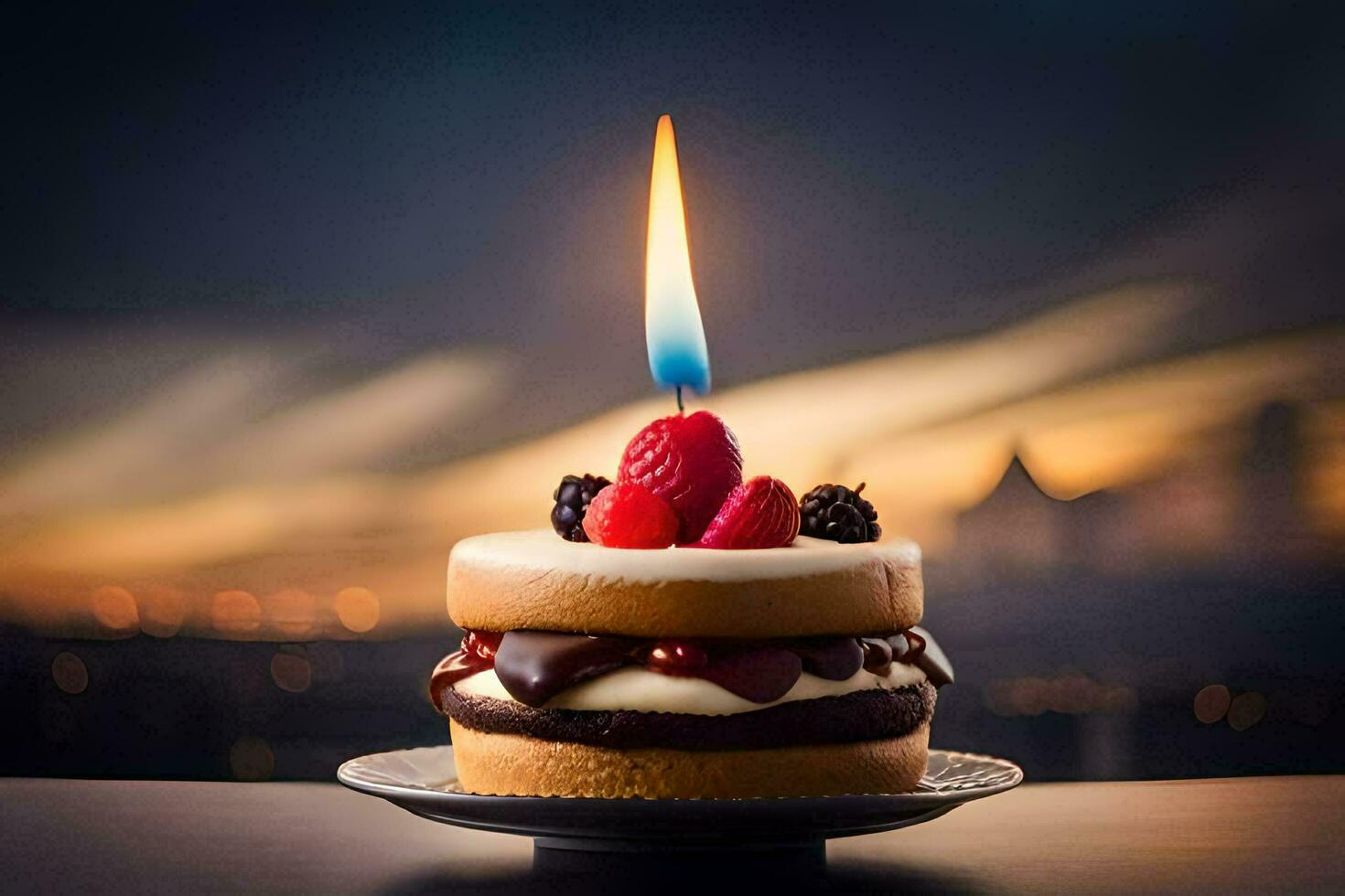 une anniversaire gâteau avec une bougie sur Haut. généré par ai photo