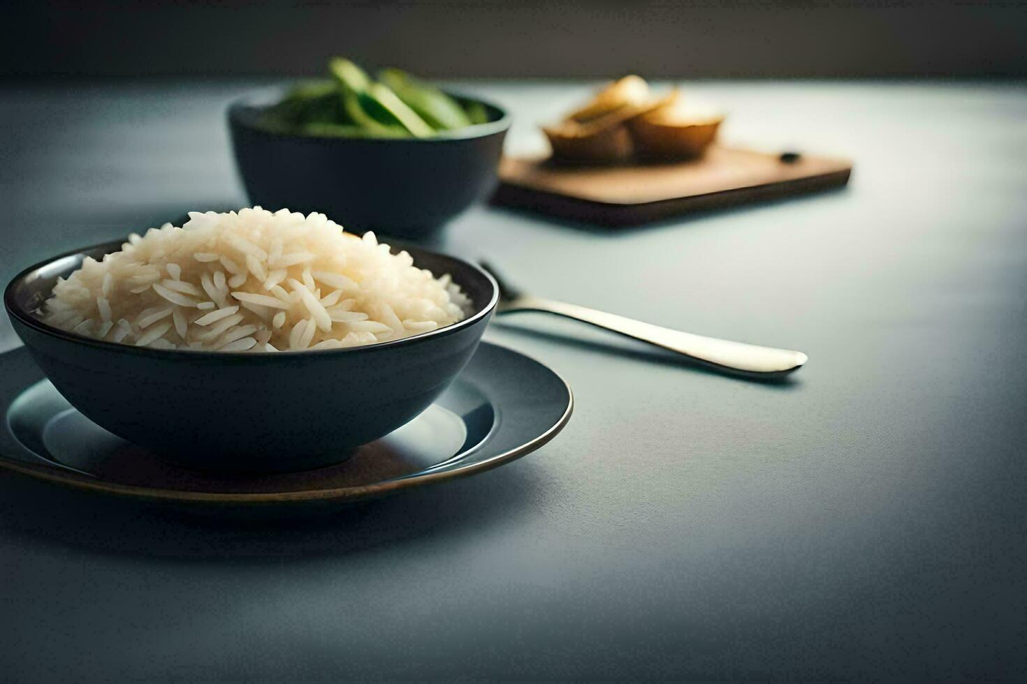 une bol de riz et une cuillère sur une tableau. généré par ai photo