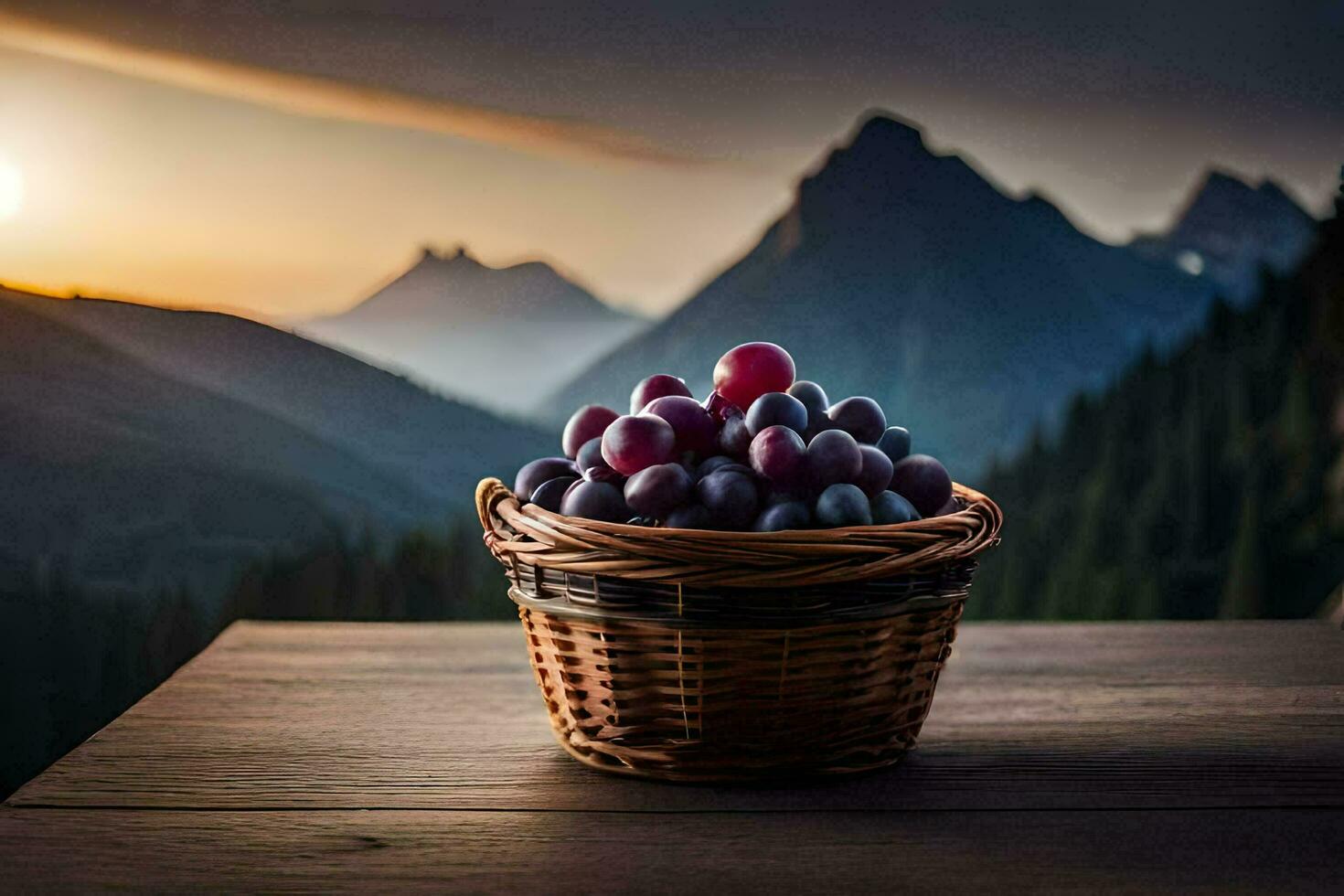 les raisins dans une panier sur une table dans le montagnes. généré par ai photo