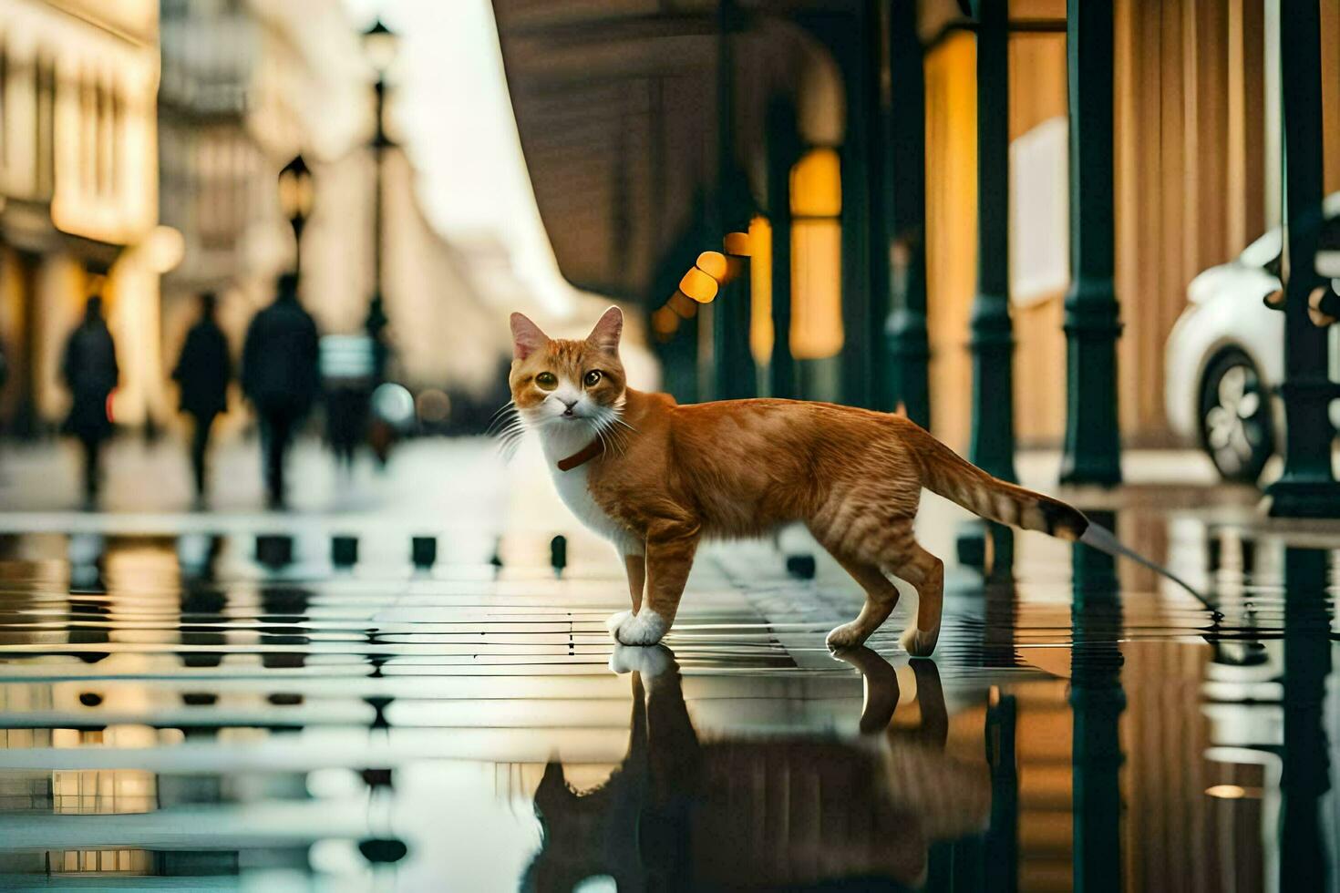 une chat en marchant sur une humide rue dans le ville. généré par ai photo