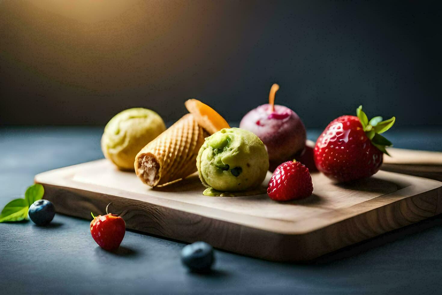 la glace crème avec baies et des fraises sur une Coupe planche. généré par ai photo