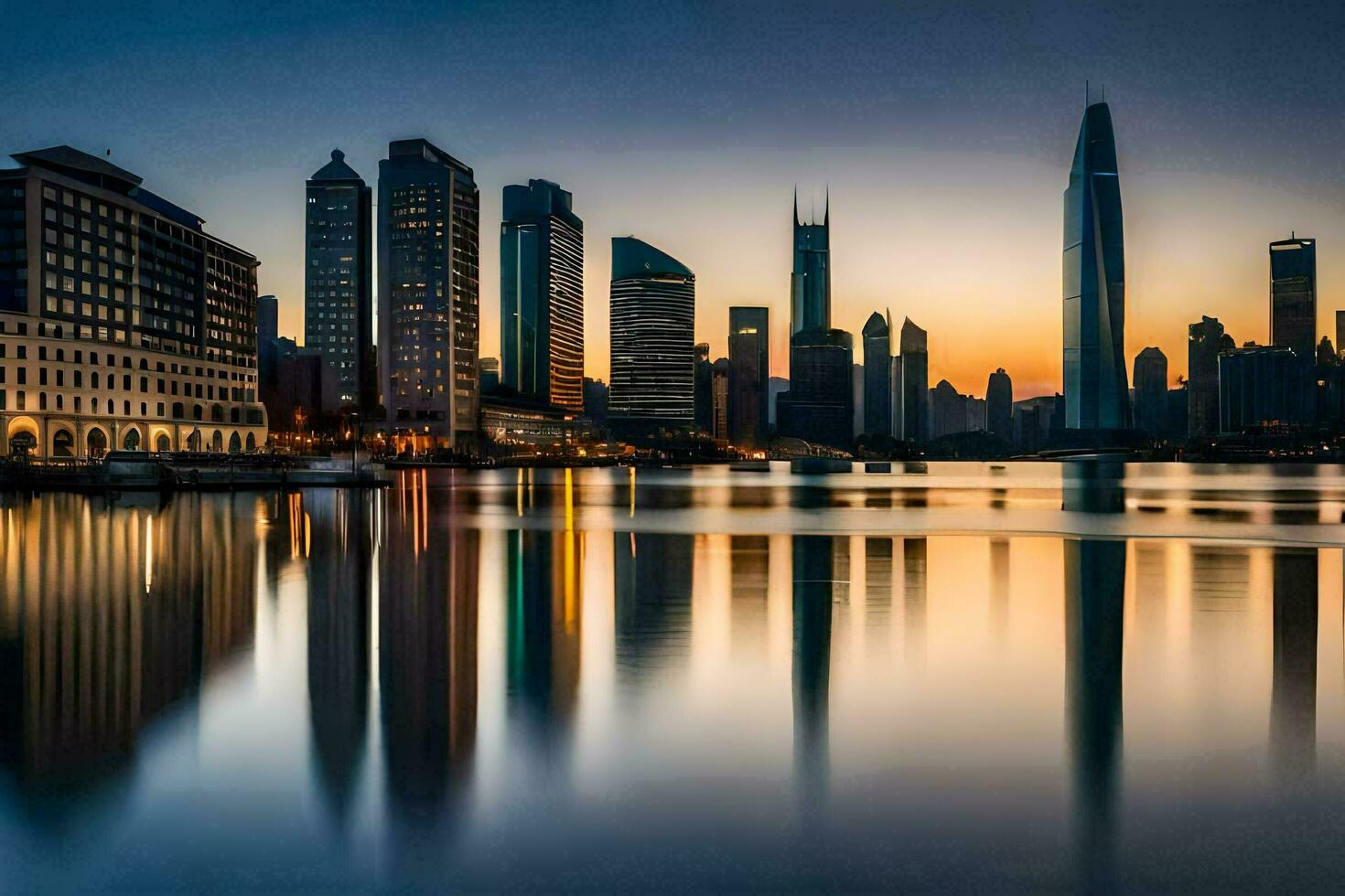 le ville horizon est réfléchi dans le l'eau à le coucher du soleil. généré par ai photo