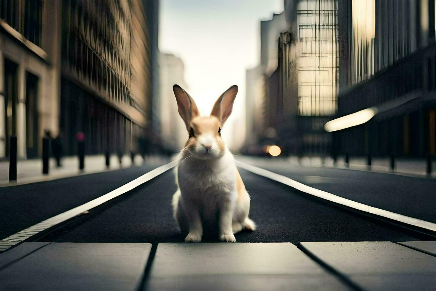 une lapin est séance sur le rue dans une ville. généré par ai photo