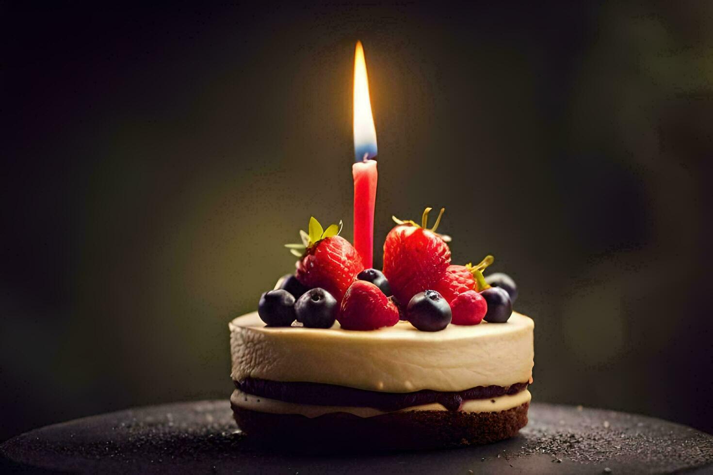 une petit gâteau avec baies et une Célibataire bougie. généré par ai photo