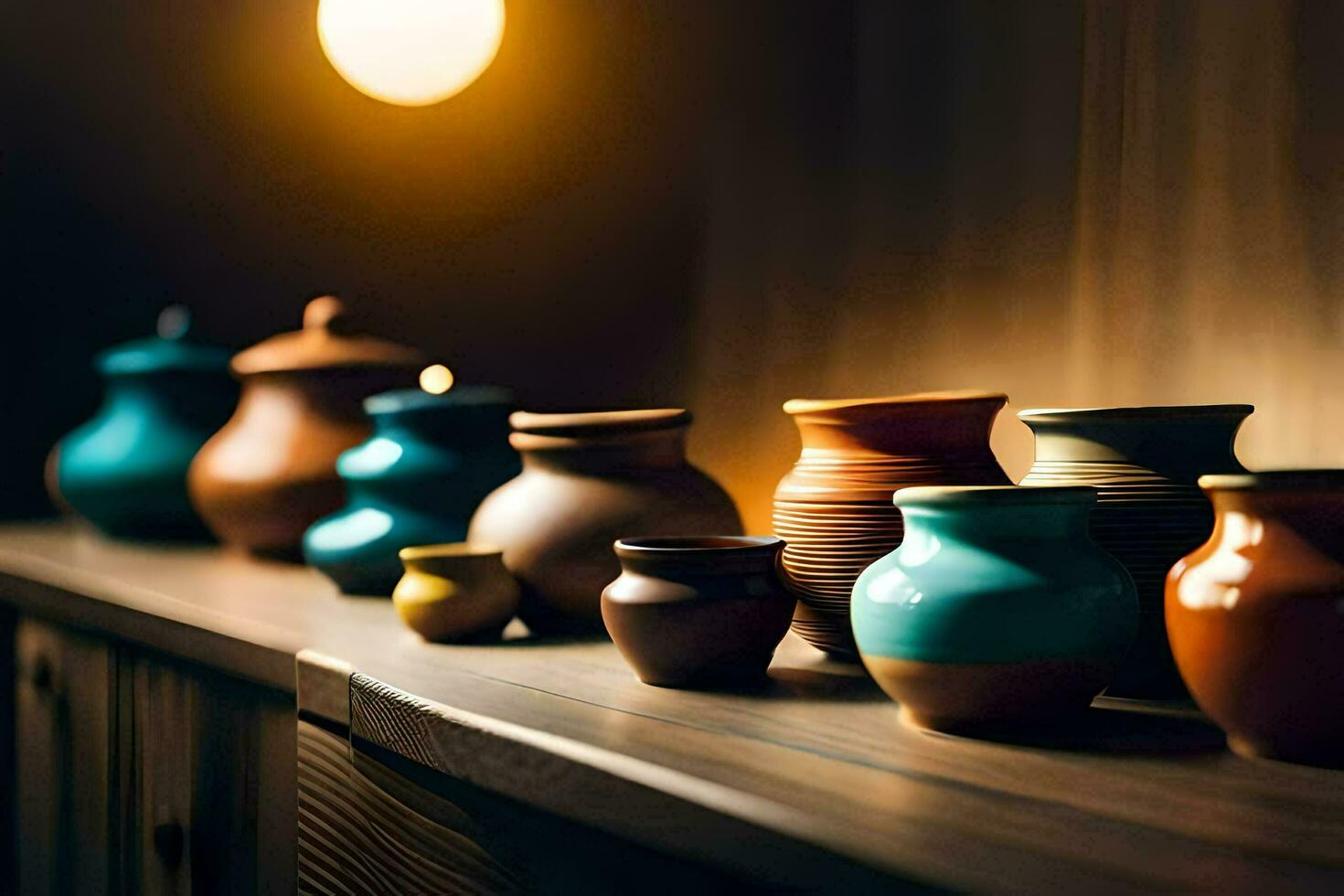 une rangée de coloré des vases sur une en bois étagère. généré par ai photo