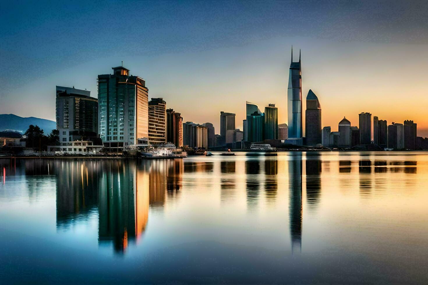 le ville horizon est réfléchi dans le l'eau à le coucher du soleil. généré par ai photo