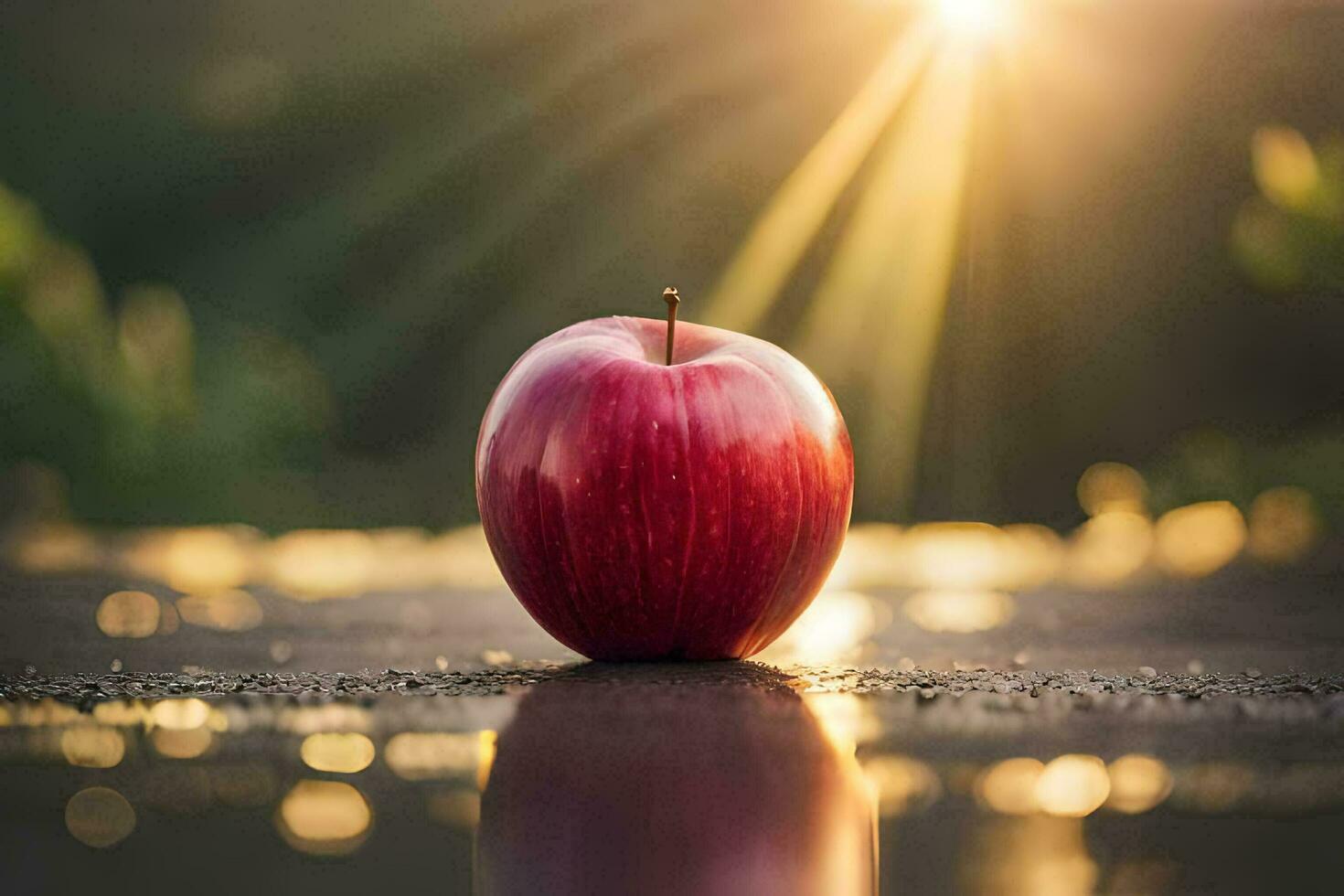 un Pomme est séance sur le sol dans de face de le Soleil. généré par ai photo