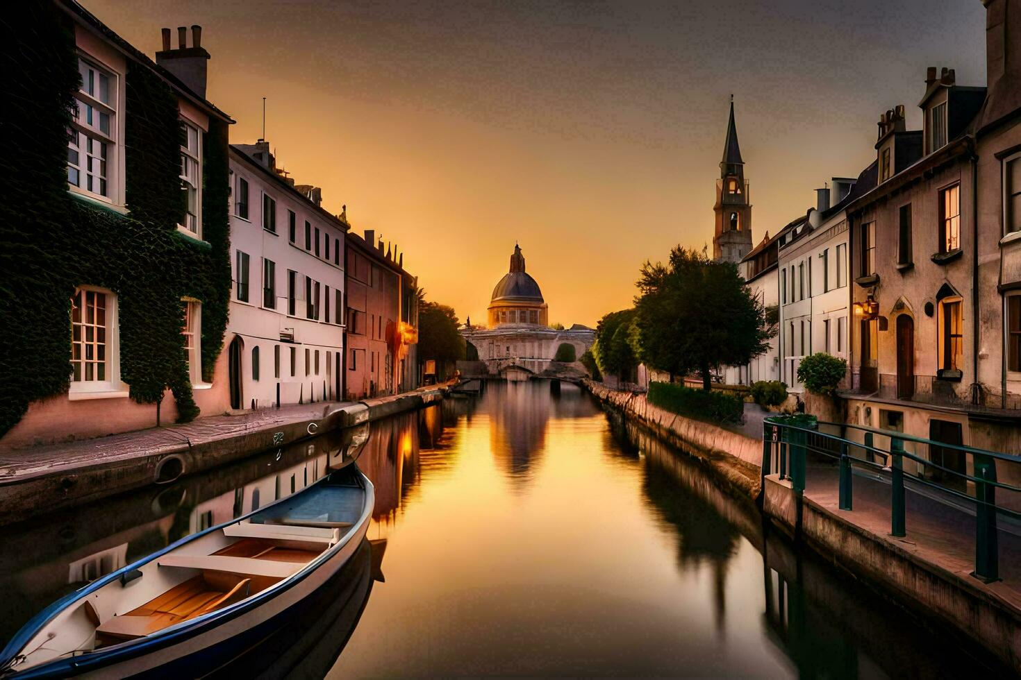 une bateau est séance sur une canal à le coucher du soleil. généré par ai photo