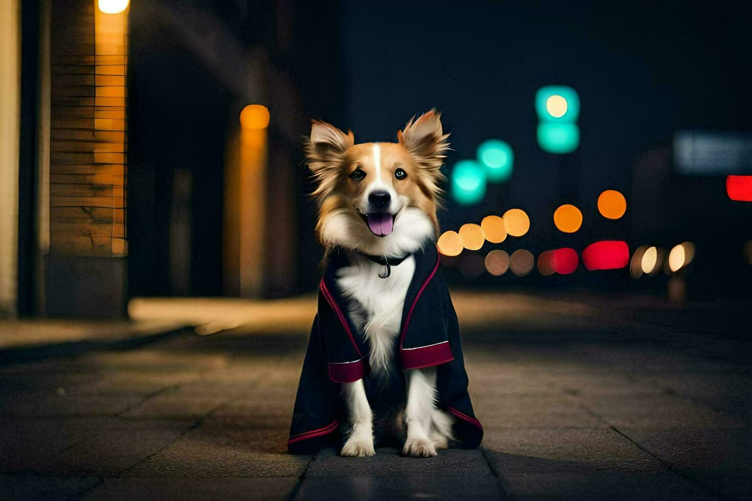 une chien portant une cap sur le rue à nuit. généré par ai photo