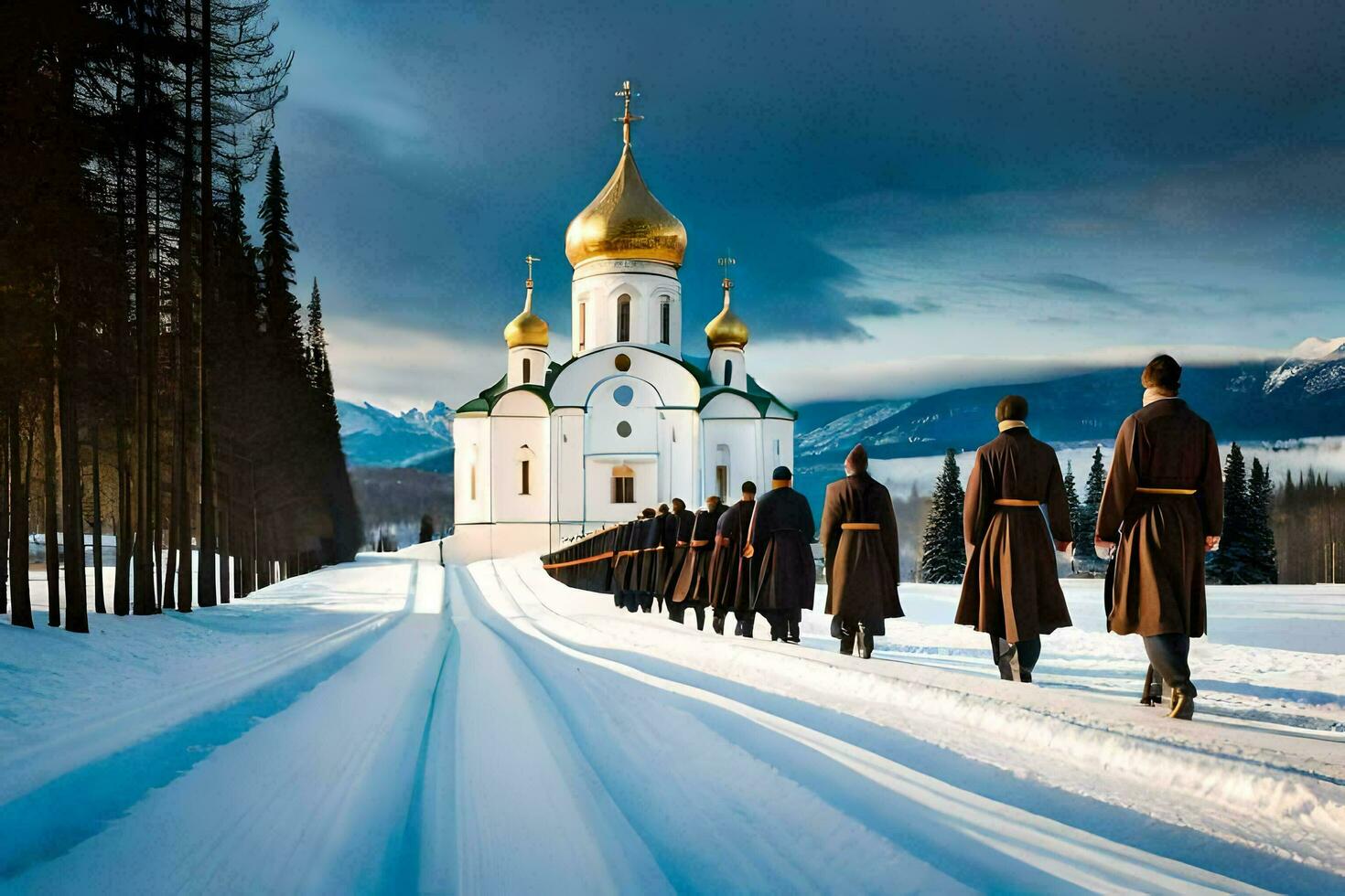une groupe de Hommes dans noir robes en marchant dans le neige. généré par ai photo
