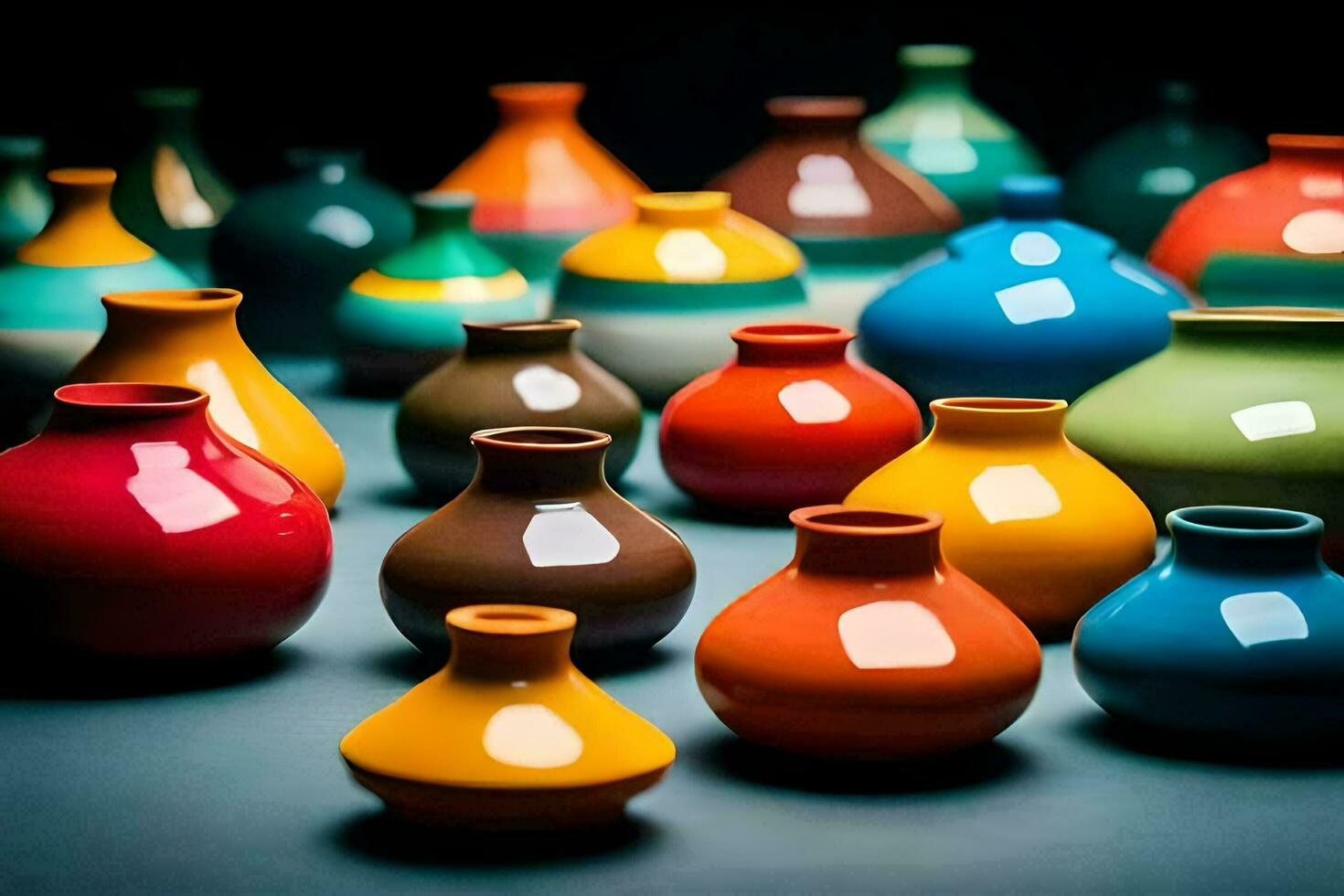 une groupe de coloré des vases sont montré sur une noir Contexte. généré par ai photo