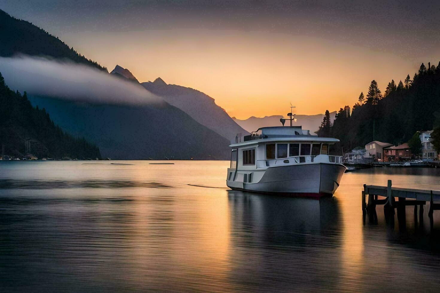 une bateau est amarré à le fin de une lac. généré par ai photo