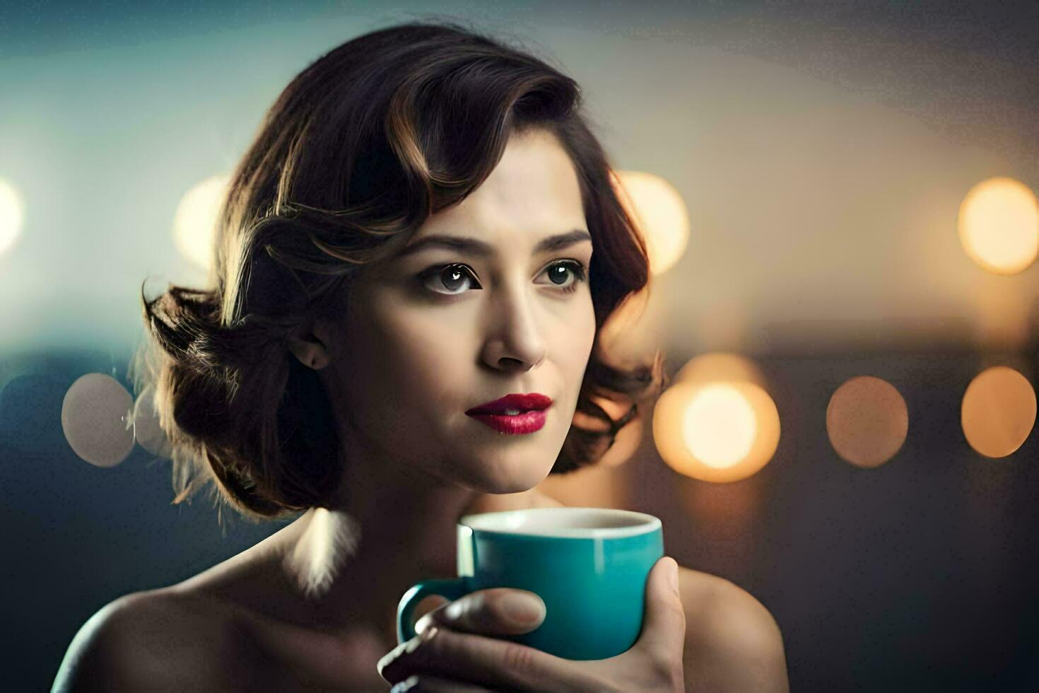 une femme en portant une tasse de café. généré par ai photo