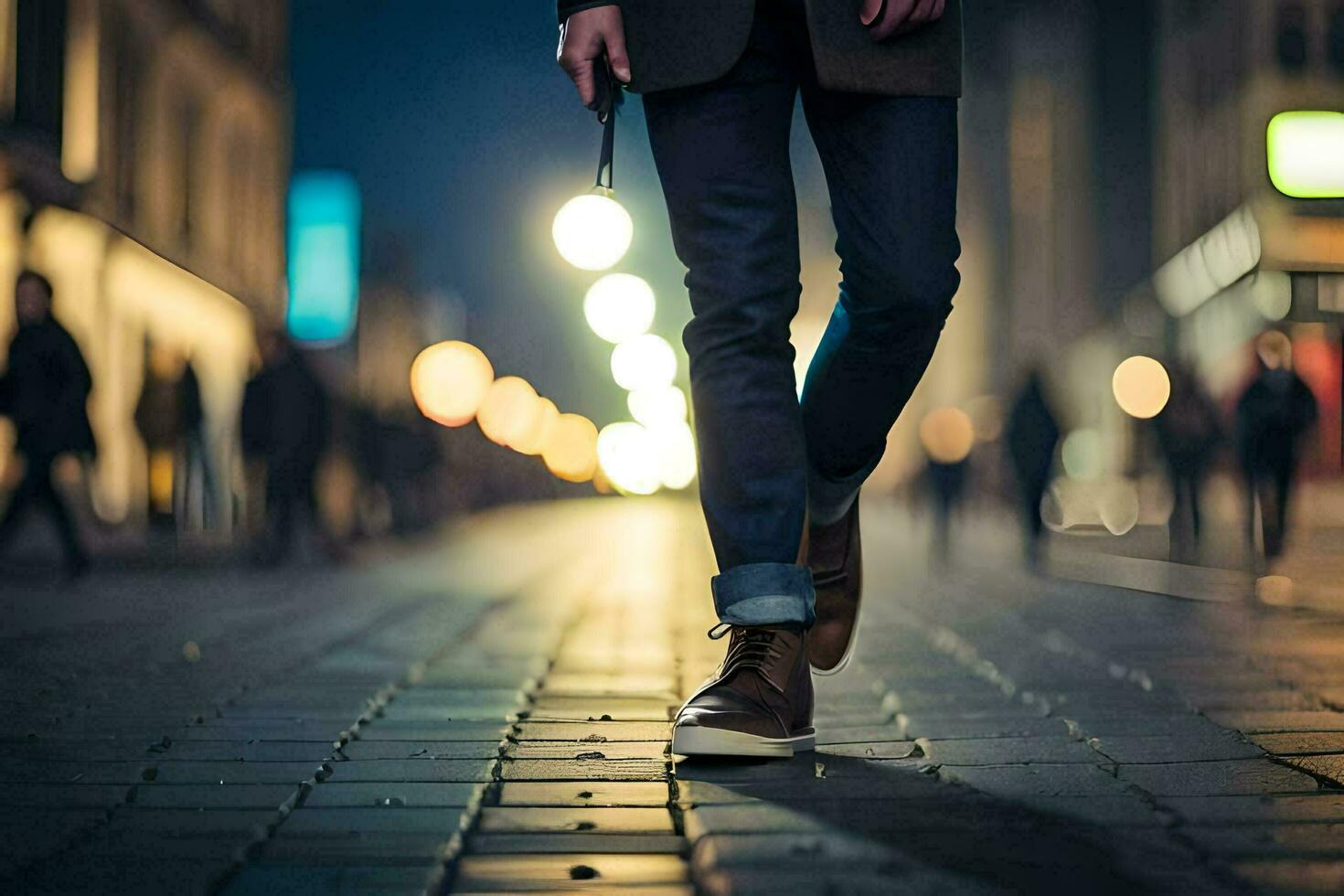 une homme en marchant vers le bas une ville rue à nuit. généré par ai photo