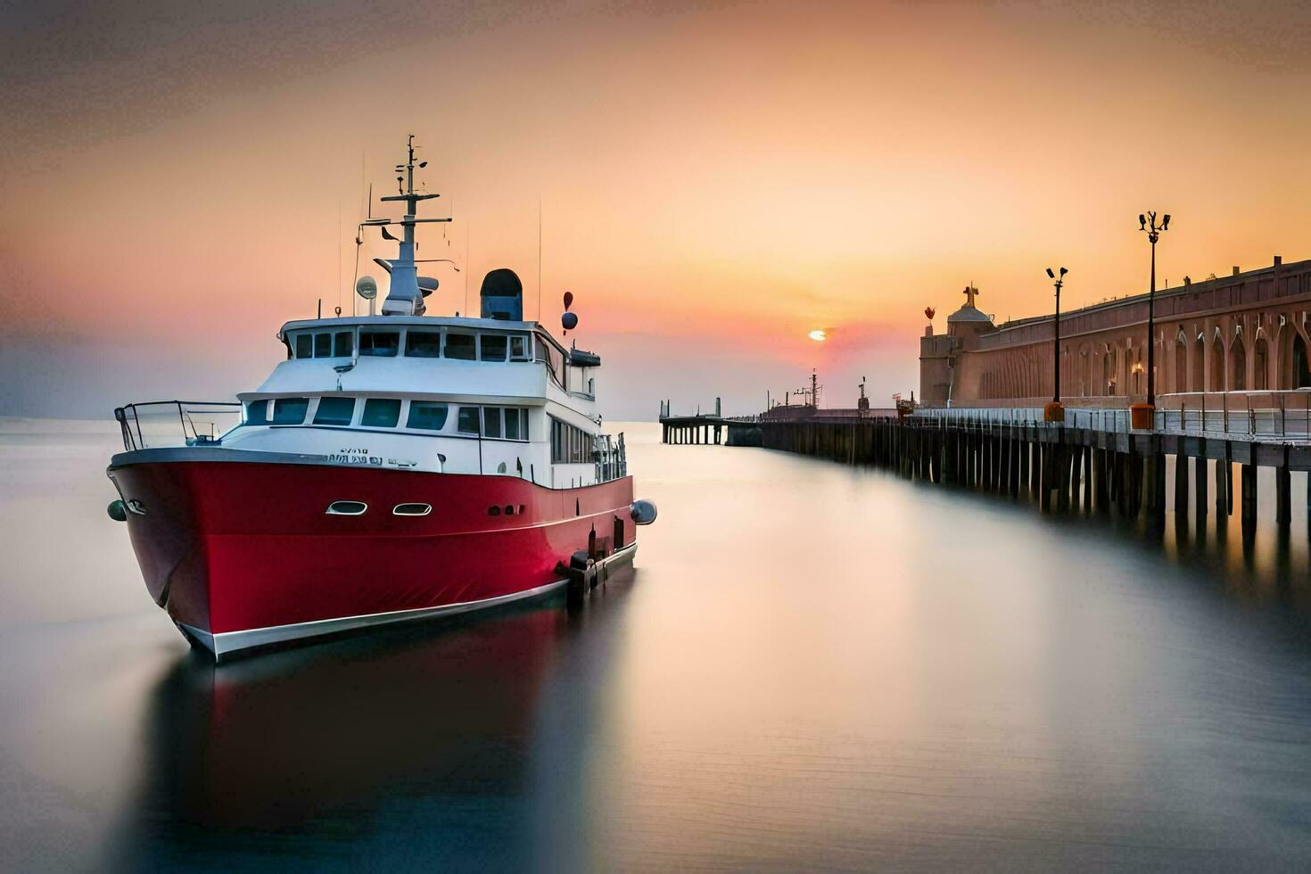 une rouge bateau amarré à le jetée dans de face de une bâtiment. généré par ai photo