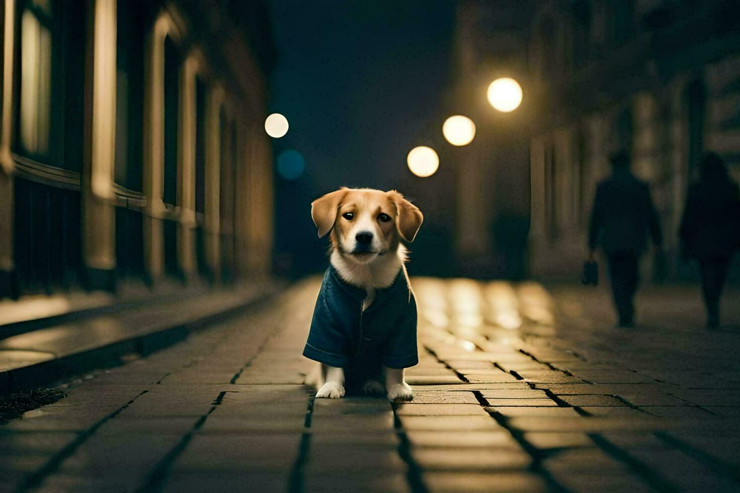 une chien dans une veste permanent sur une pavé rue à nuit. généré par ai photo