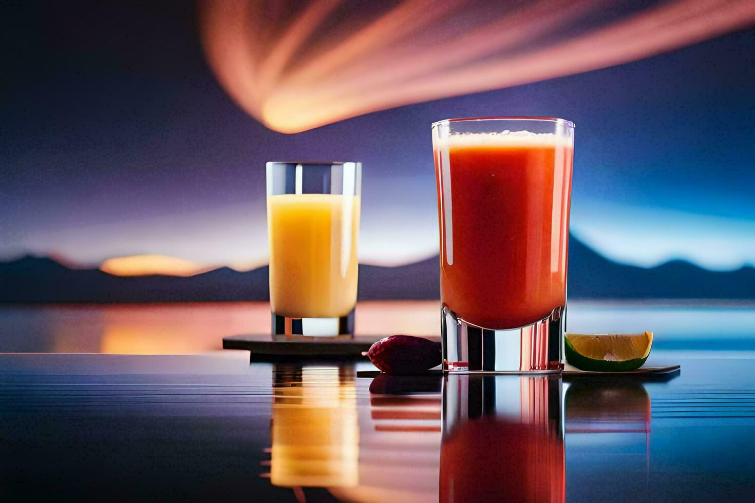 deux des lunettes de jus avec une le coucher du soleil dans le Contexte. généré par ai photo