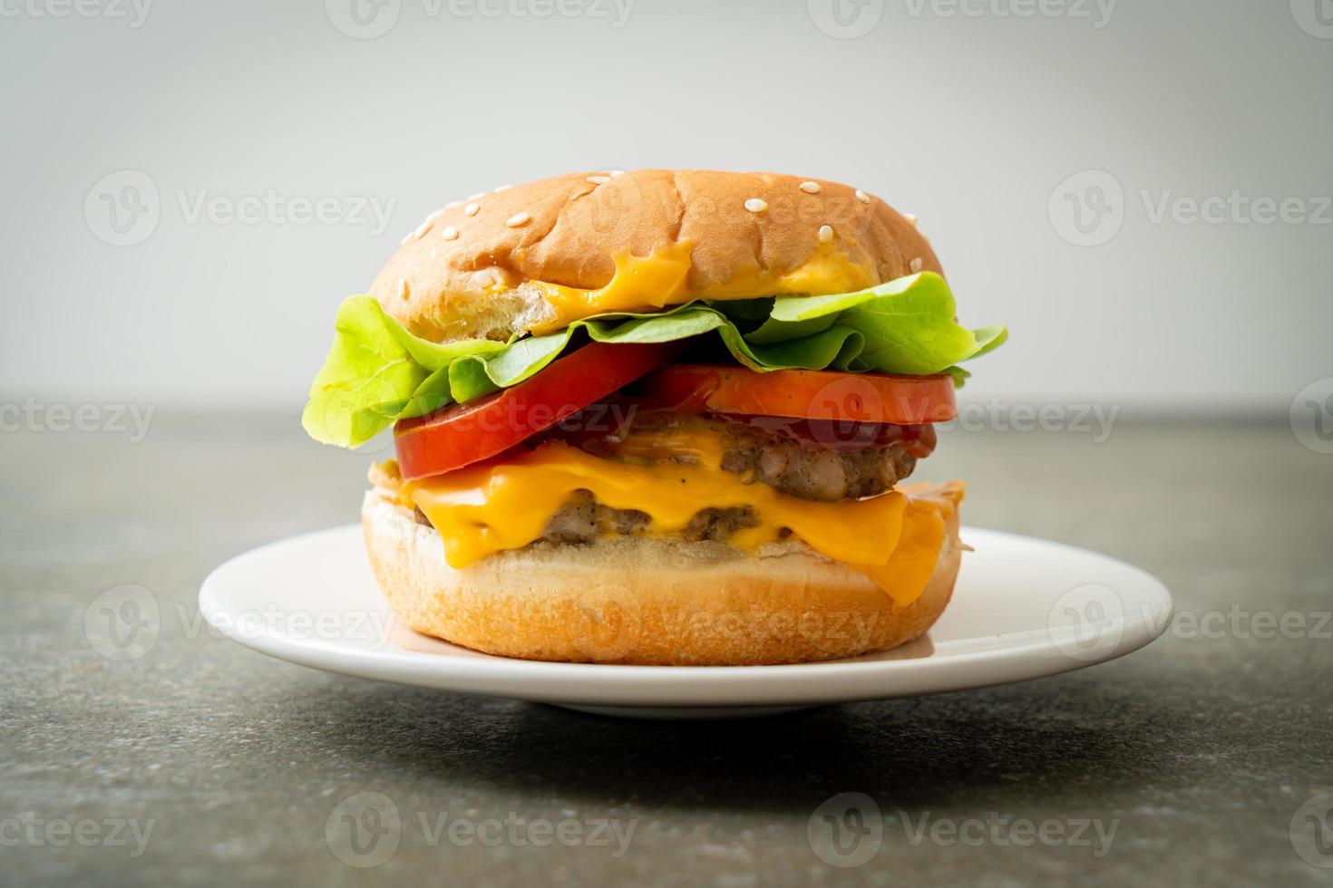 Burger de porc au fromage sur plaque blanche photo