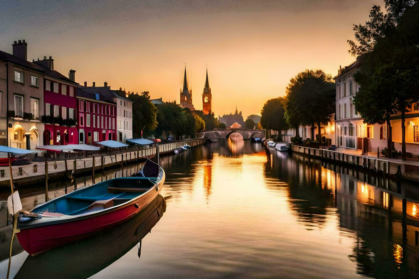 une bateau est amarré dans une canal à le coucher du soleil. généré par ai photo