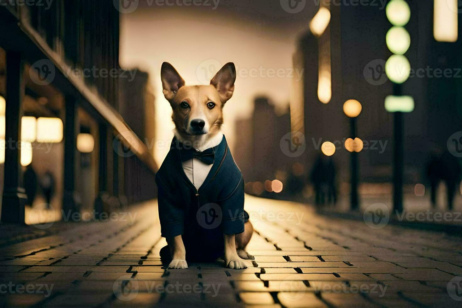 une chien portant une costume et attacher séance sur une rue. généré par ai photo