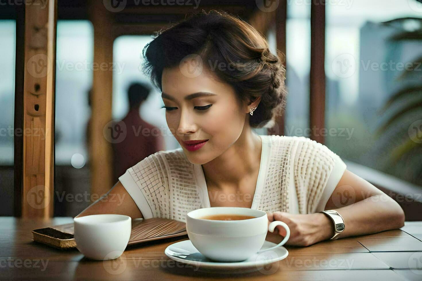 une femme est séance à une table avec une tasse de café. généré par ai photo