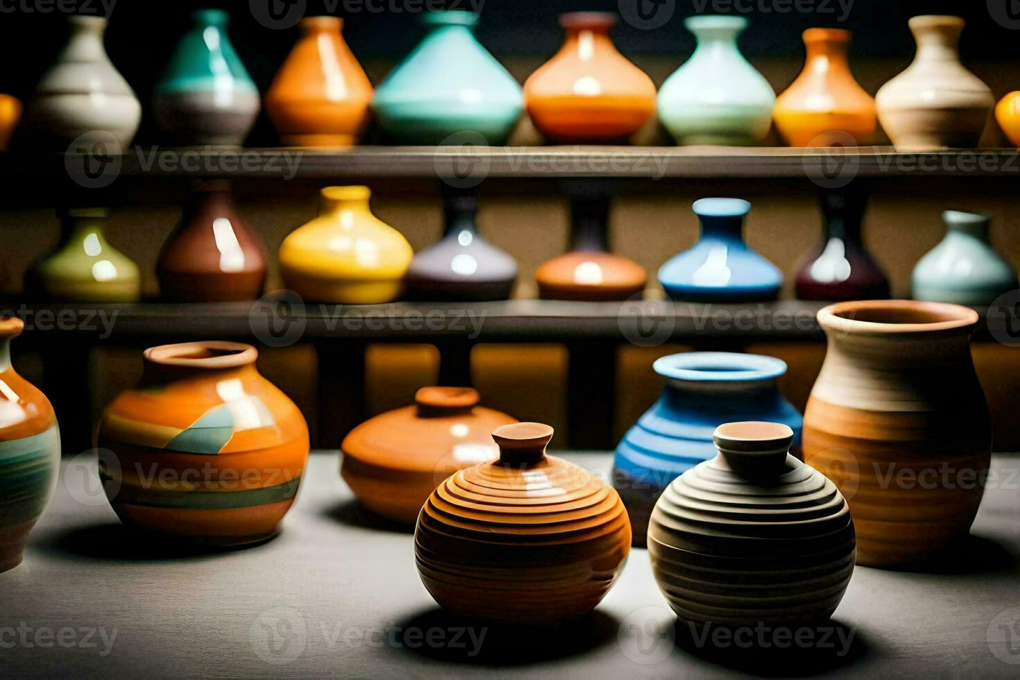 une rangée de coloré des vases asseoir sur une étagère. généré par ai photo