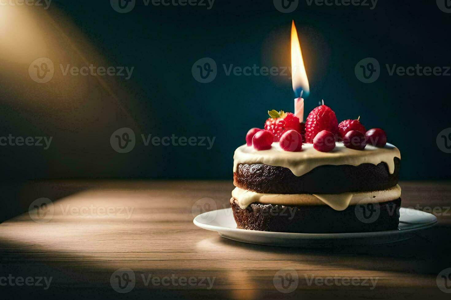 une Chocolat gâteau avec une Célibataire bougie sur Haut. généré par ai photo